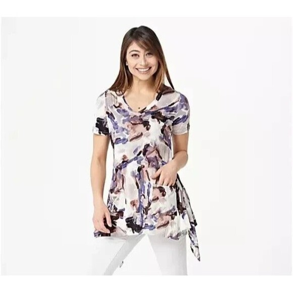 LOGO Lori Goldstein Asymmetric Hem Tunic Top Plus Size 1X Watercolor Art to Wear - Picture 1 of 7